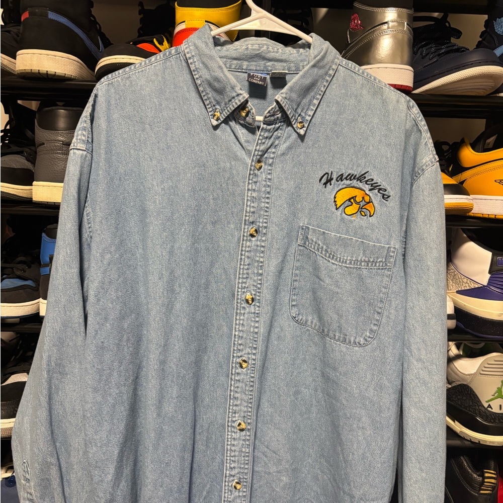 Port and Company Embroidered Iowa Hawkeyes denim button-up shirt Size XL